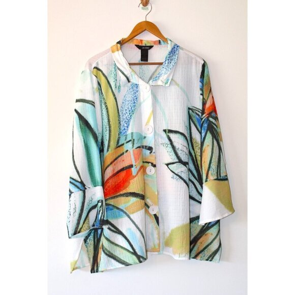 Ali Miles Artsy Floral Top Button Front Flared Cuffs Size 0X Multicolor Shirt - Picture 7 of 11